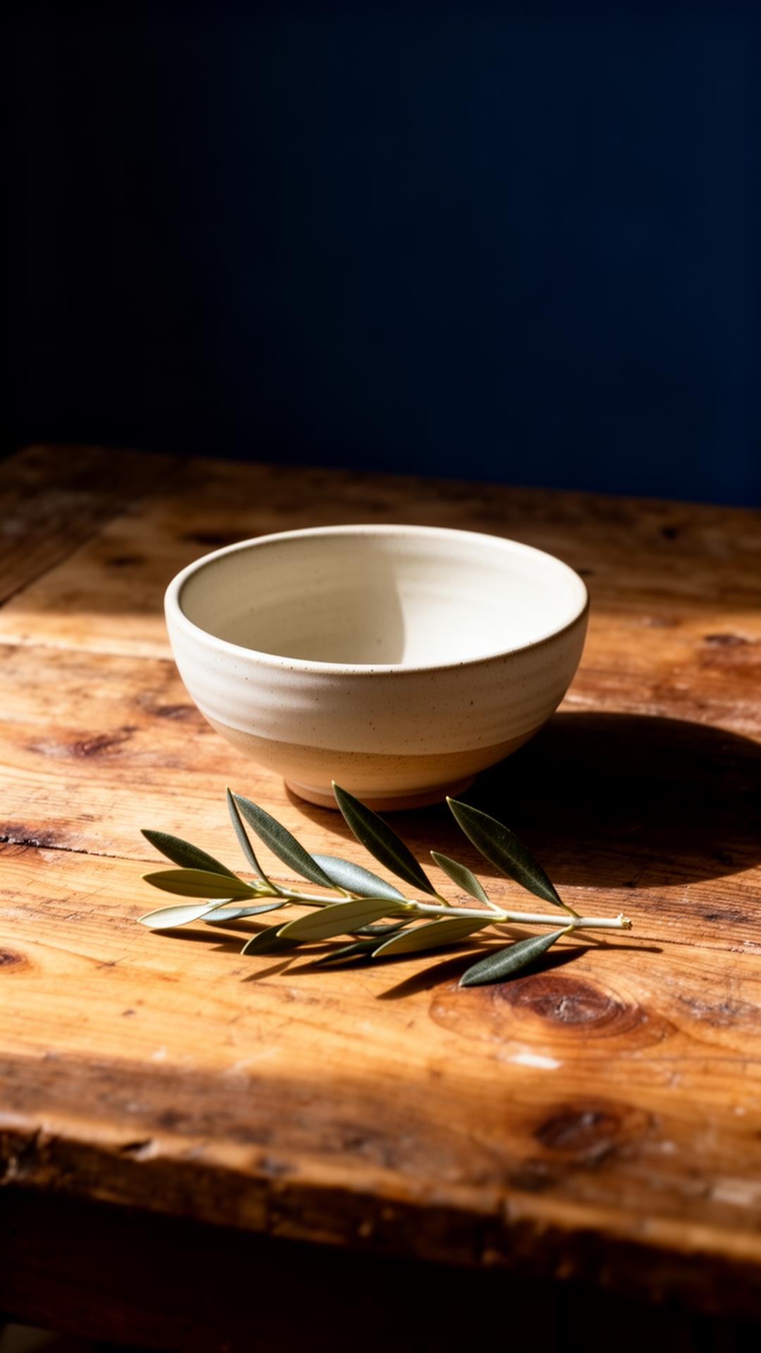 A hand-thrown stoneware bowl and an olive branch on a worn wooden table