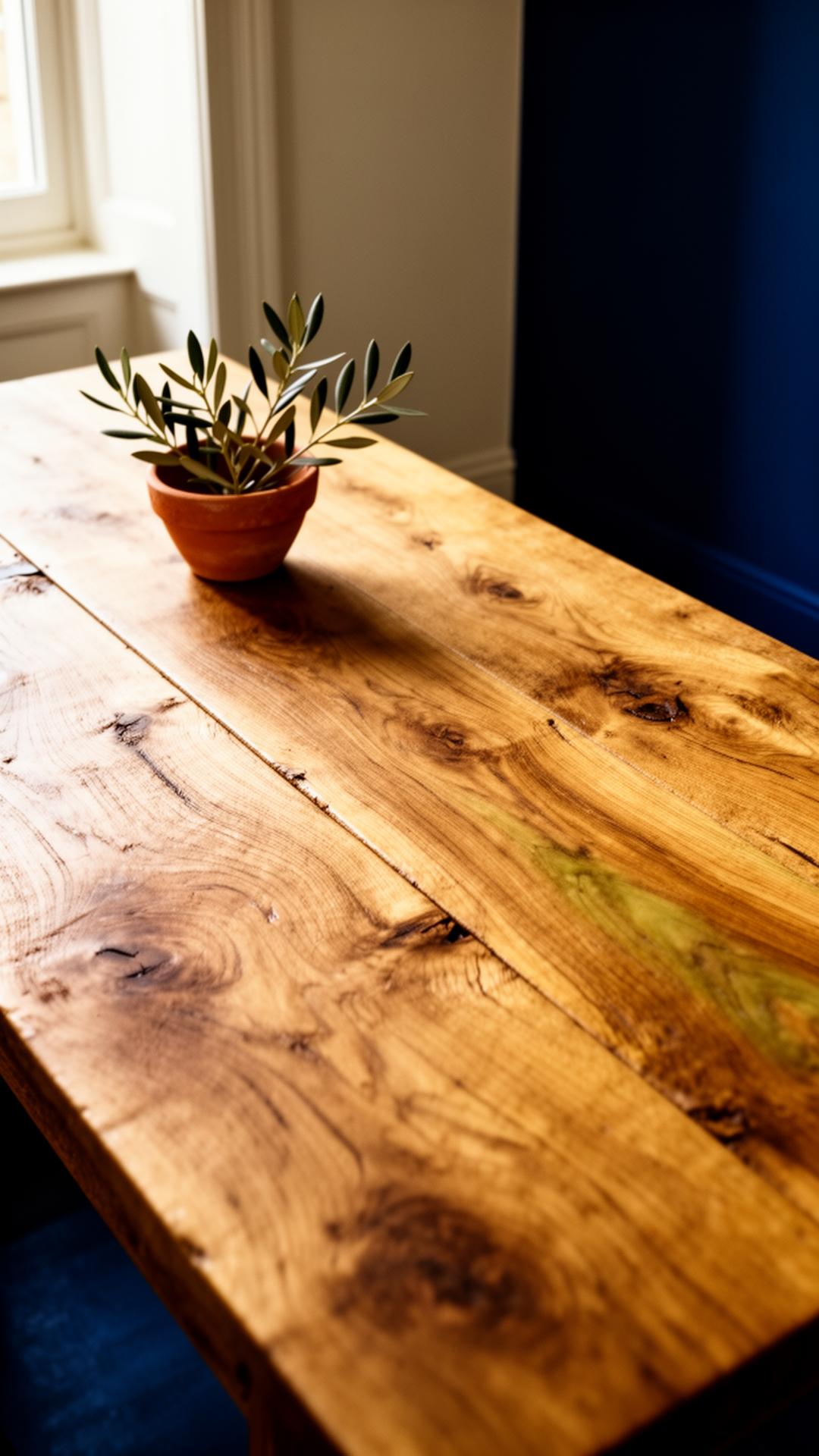 A worn wooden table beside a window — a small olive sprig in a terracotta cup